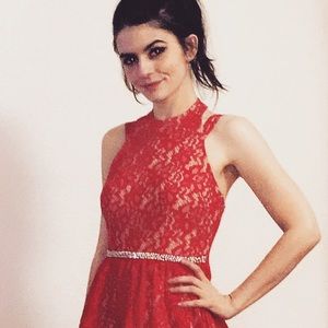 Party Dress with Red Lace Overlay over Cream Slip